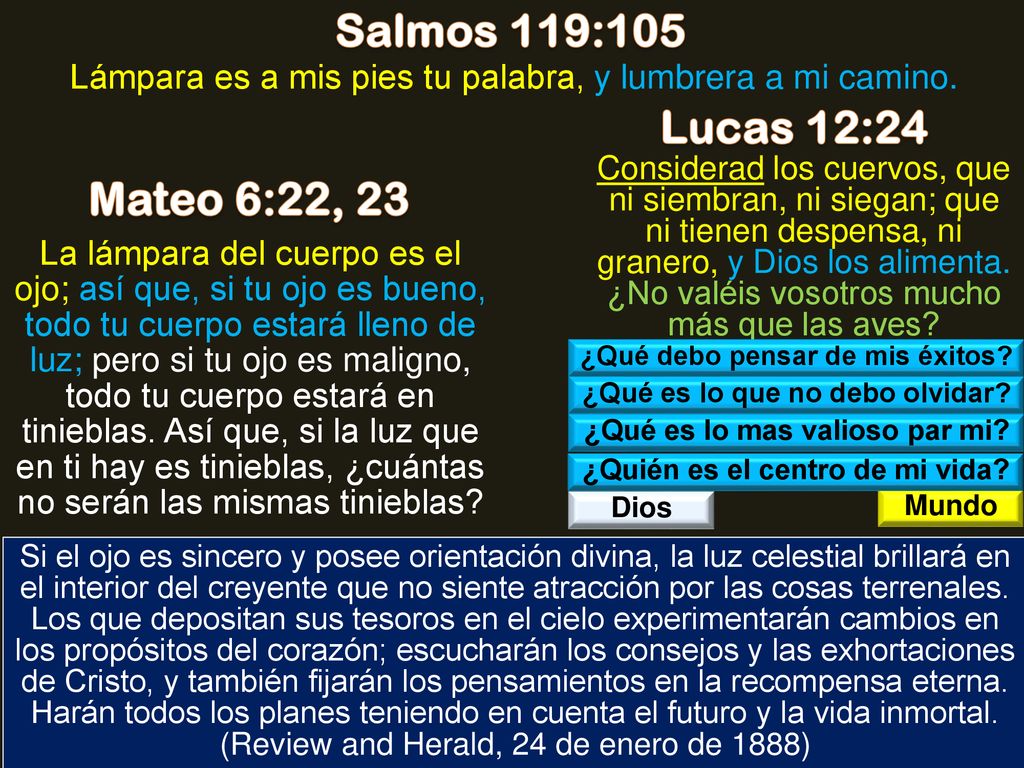 Salmos 119:105 Lucas 12:24 Mateo 6:22, 23 Deut 8:10, 11
