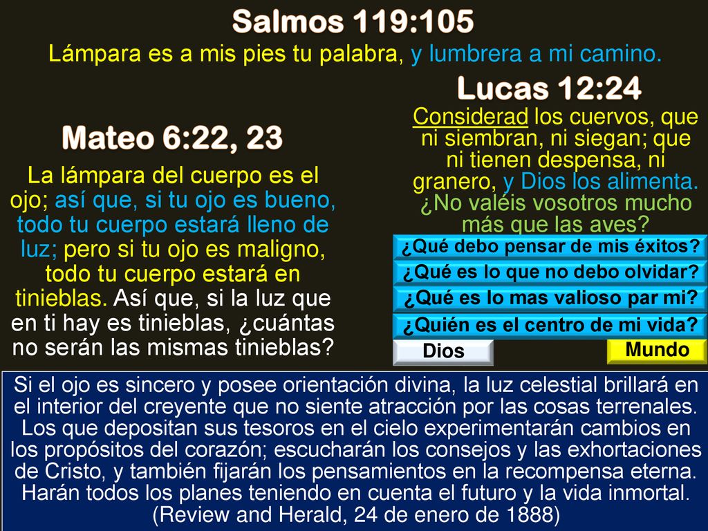 Salmos 119:105 Lucas 12:24 Mateo 6:22, 23 Deut 8:10, 11