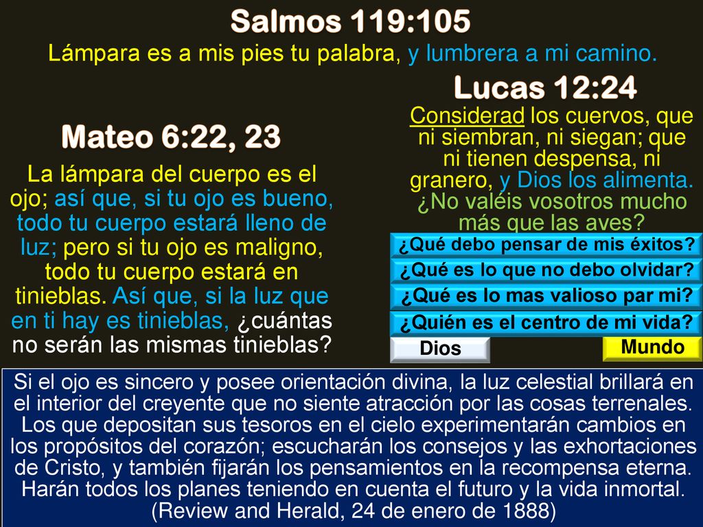 Salmos 119:105 Lucas 12:24 Mateo 6:22, 23 Deut 8:10, 11