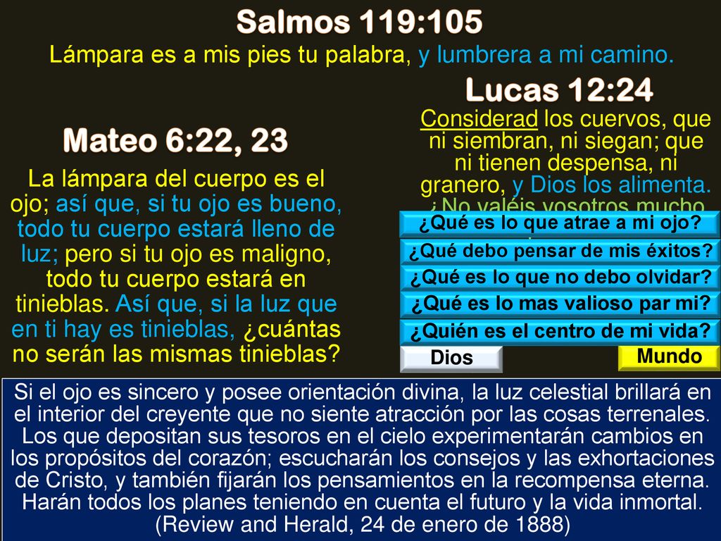 Salmos 119:105 Lucas 12:24 Mateo 6:22, 23 Deut 8:10, 11