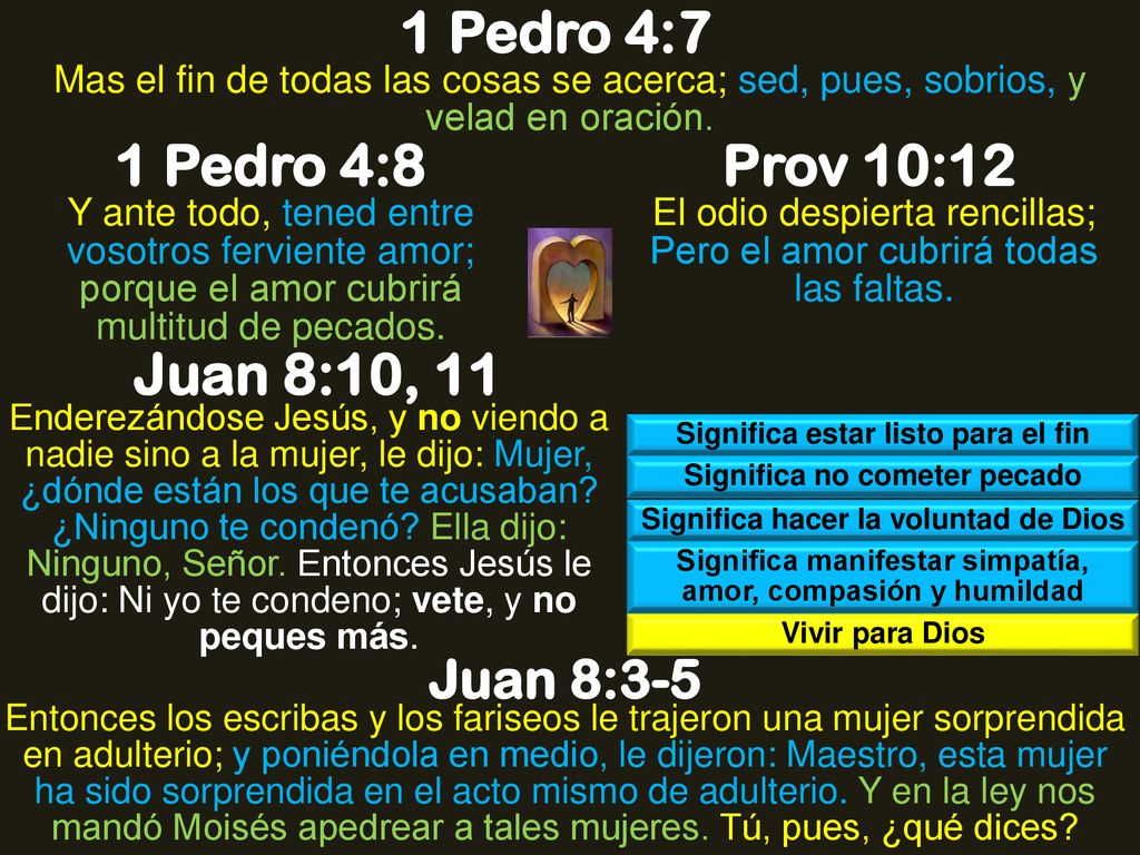 1 Pedro 4:7 1 Pedro 4:8 Prov 10:12 Juan 8:10, 11