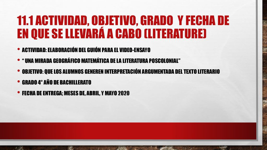11.1 ACTIVIDAD, OBJETIVO, GRADO Y FECHA DE EN QUE SE LLEVARÁ A CABO (literature)