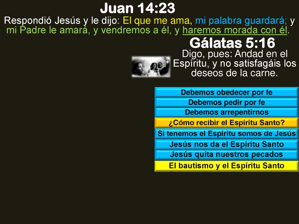 Juan 14:23 Respondió Jesús y le dijo: El que me ama, mi palabra guardará; y mi Padre le amará, y vendremos a él, y haremos morada con él.