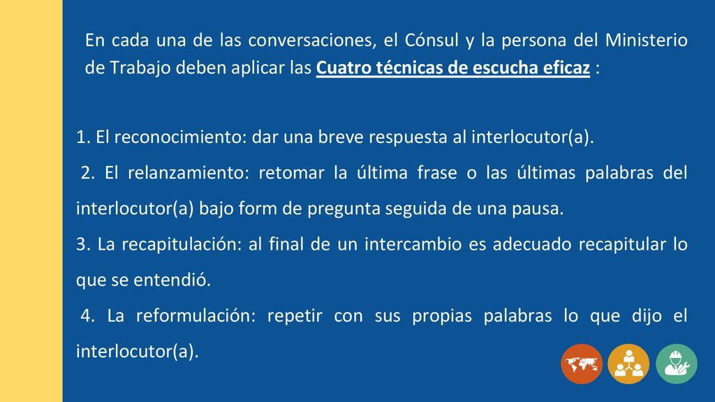 En cada una de las conversaciones, el Cónsul y la persona del Ministerio de Trabajo deben aplicar las Cuatro técnicas de escucha eficaz :