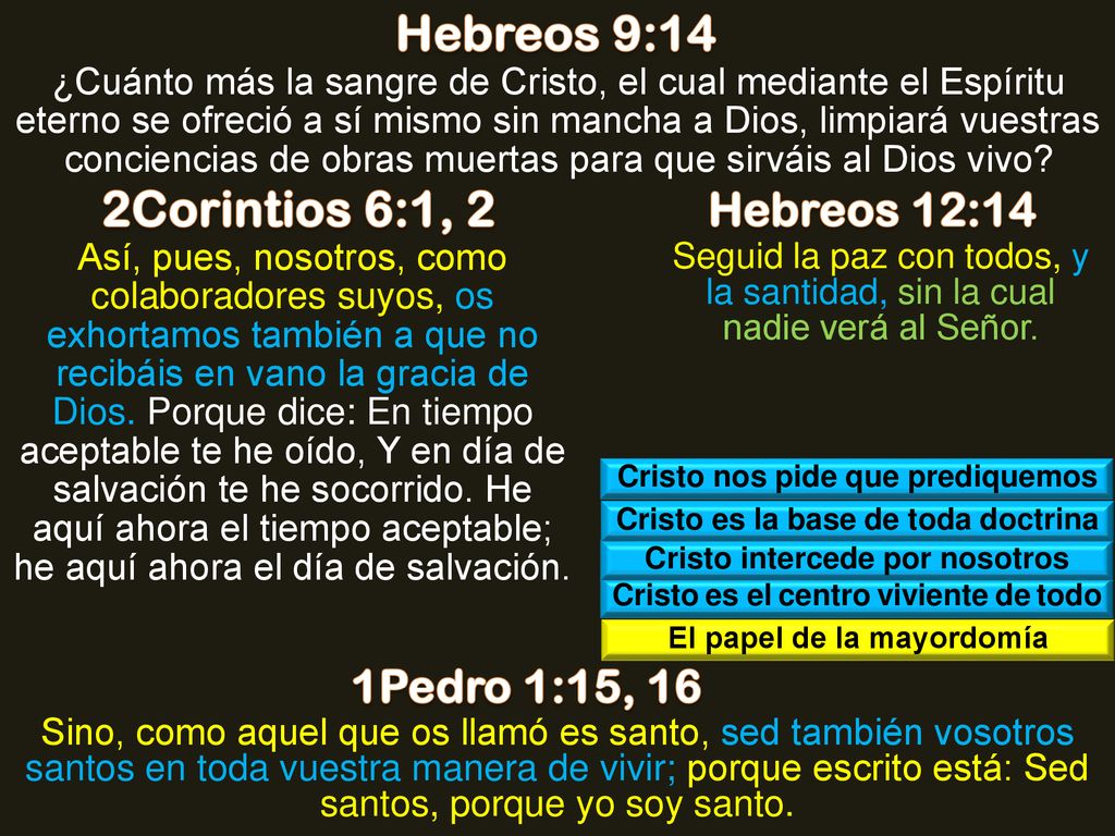 Hebreos 9:14 2Corintios 6:1, 2 Hebreos 12:14 1Pedro 1:15, 16