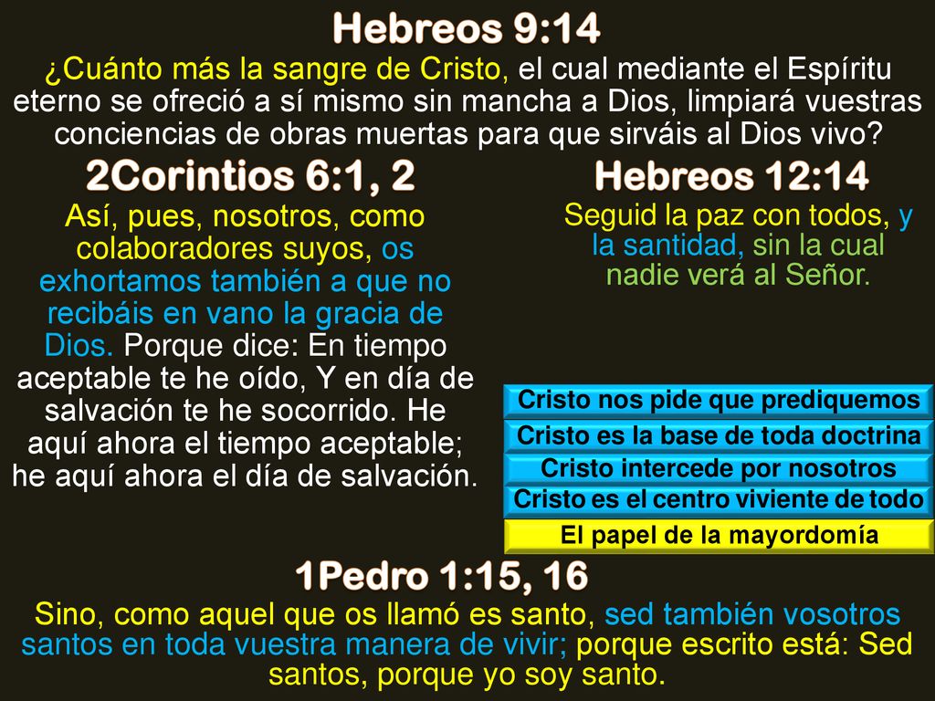 Hebreos 9:14 2Corintios 6:1, 2 Hebreos 12:14 1Pedro 1:15, 16