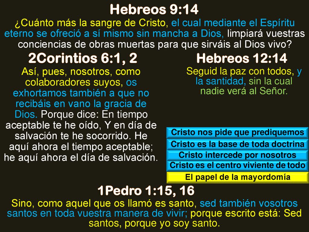 Hebreos 9:14 2Corintios 6:1, 2 Hebreos 12:14 1Pedro 1:15, 16