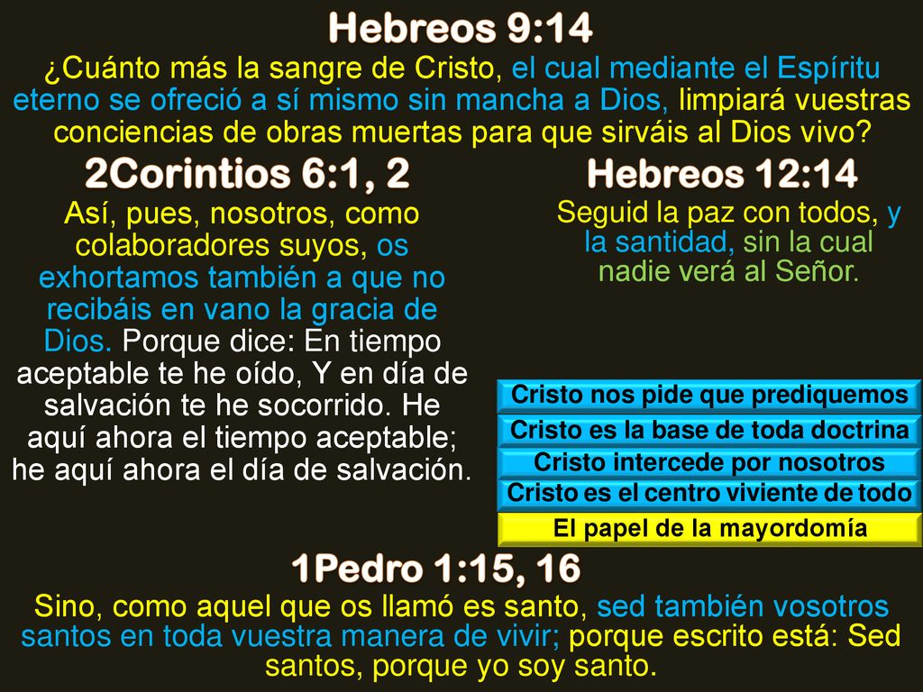 Hebreos 9:14 2Corintios 6:1, 2 Hebreos 12:14 1Pedro 1:15, 16