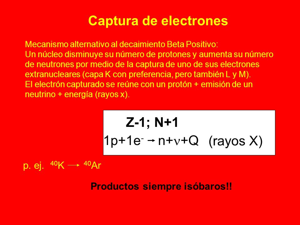 Captura de electrones Z-1; N+1 1p+1e- n+n+Q (rayos X) p. ej. 40K 40Ar