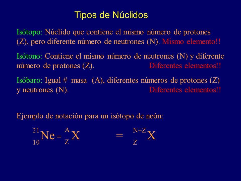 Tipos de Núclidos Isótopo: Núclido que contiene el mismo número de protones (Z), pero diferente número de neutrones (N). Mismo elemento!!