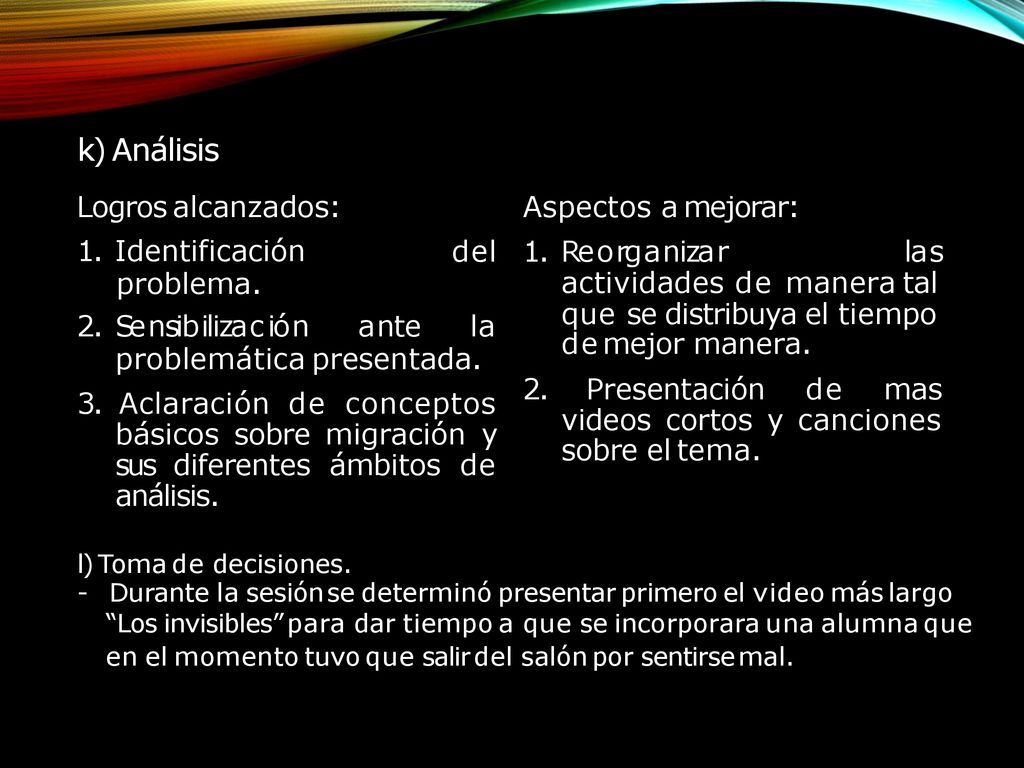 k) Análisis Logros alcanzados: Aspectos a mejorar: 1. Identificación