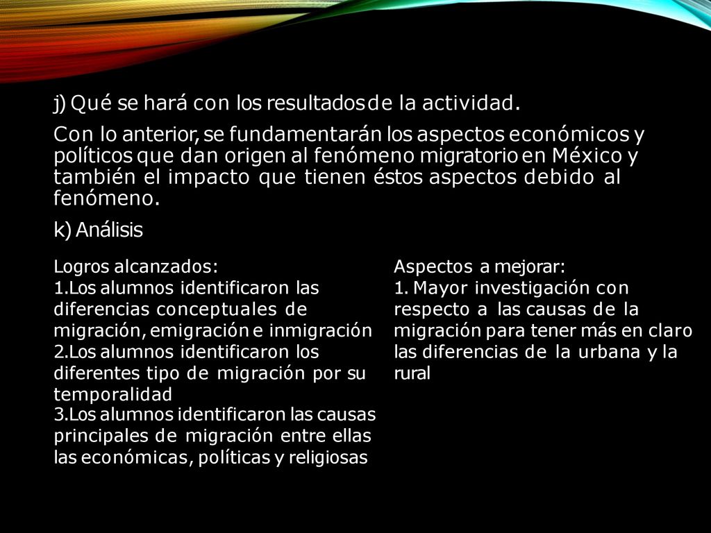 j) Qué se hará con los resultados de la actividad.