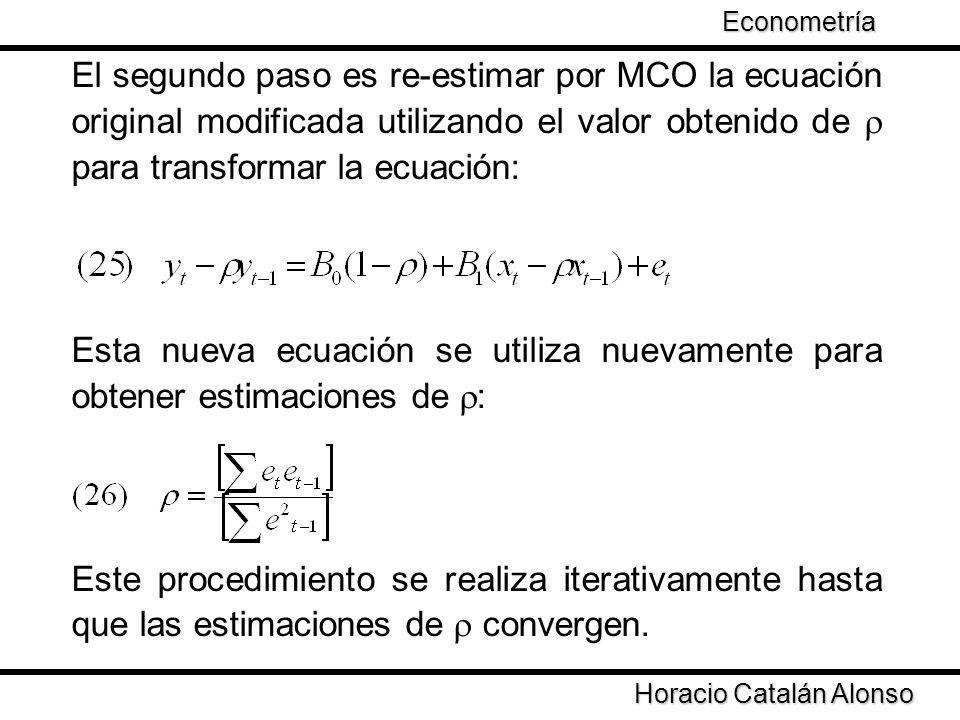 Econometría El segundo paso es re-estimar por MCO la ecuación original modificada utilizando el valor obtenido de  para transformar la ecuación: