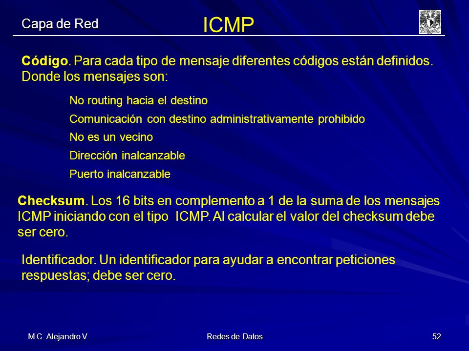Introducción Ing. Alejandro V. ICMP. Capa de Red. Código. Para cada tipo de mensaje diferentes códigos están definidos. Donde los mensajes son:
