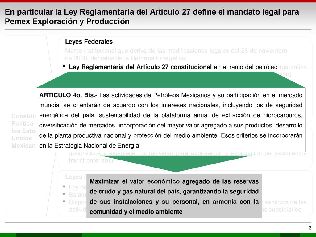 En particular la Ley Reglamentaria del Artículo 27 define el mandato legal para Pemex Exploración y Producción