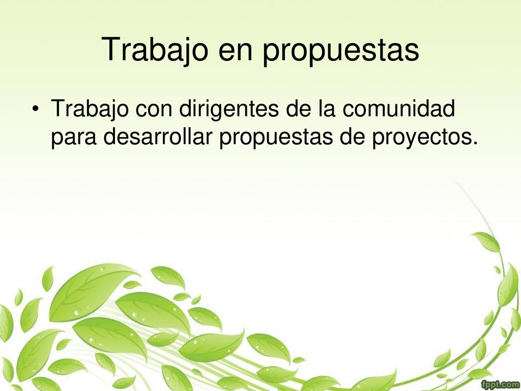Trabajo en propuestas Trabajo con dirigentes de la comunidad para desarrollar propuestas de proyectos.