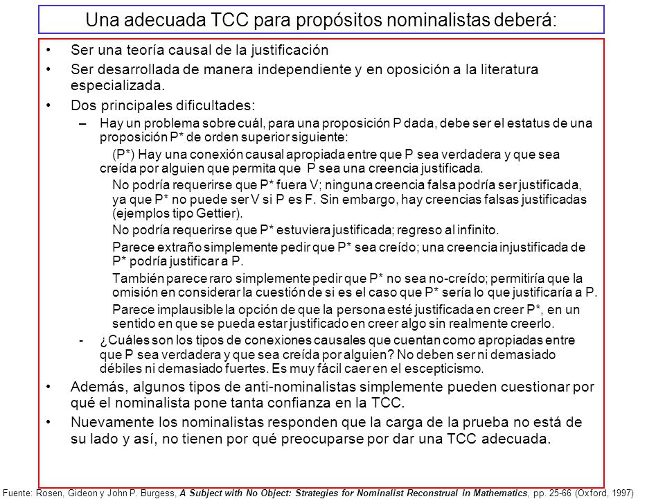 Una adecuada TCC para propósitos nominalistas deberá: