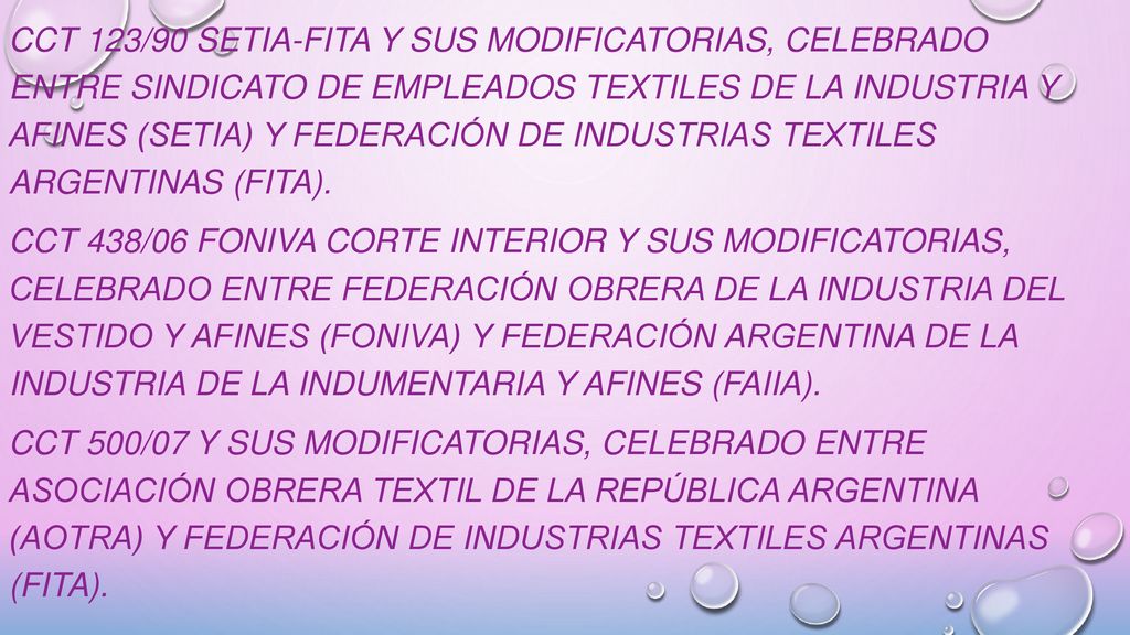 CCT 123/90 SETIA-FITA y sus modificatorias, celebrado entre Sindicato de Empleados Textiles de la Industria y Afines (SETIA) y Federación de Industrias Textiles Argentinas (FITA).