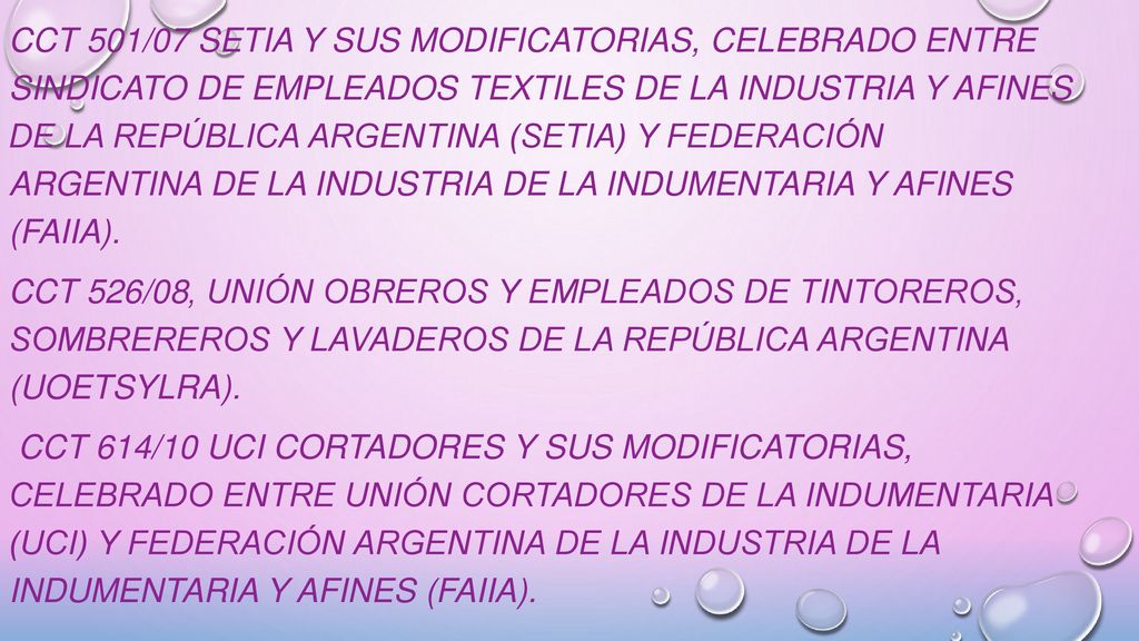 CCT 501/07 SETIA y sus modificatorias, celebrado entre Sindicato de Empleados Textiles de la Industria y Afines de la República Argentina (SETIA) y Federación Argentina de la Industria de la Indumentaria y Afines (FAIIA).