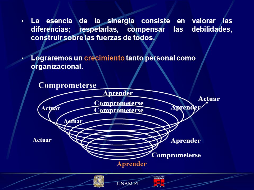 La esencia de la sinergia consiste en valorar las diferencias; respetarlas, compensar las debilidades, construir sobre las fuerzas de todos.