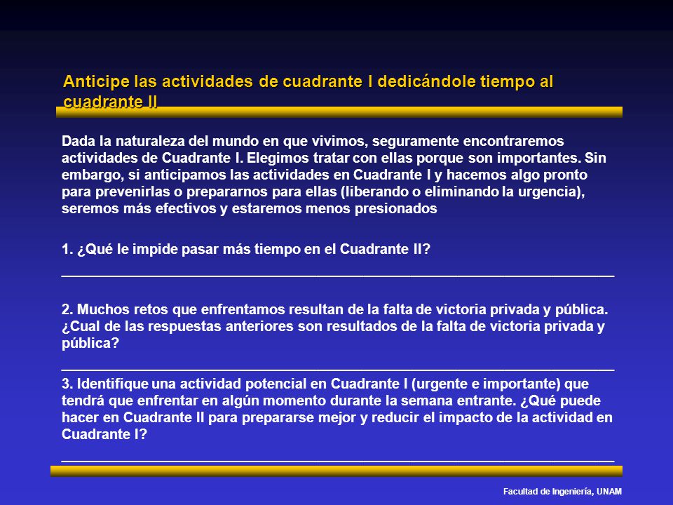 Anticipe las actividades de cuadrante I dedicándole tiempo al cuadrante II