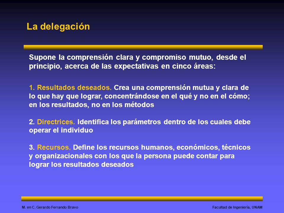 La delegación Supone la comprensión clara y compromiso mutuo, desde el principio, acerca de las expectativas en cinco áreas: