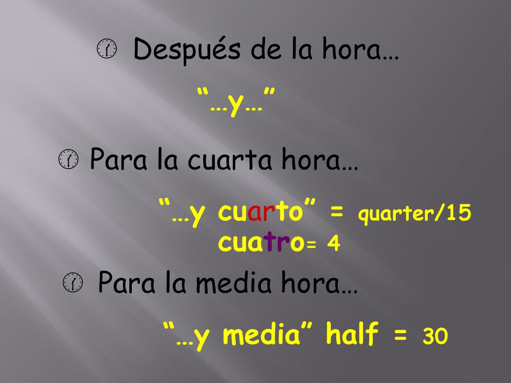 Después de la hora… …y… Para la cuarta hora… …y cuarto = quarter/15. cuatro= 4. Para la media hora…