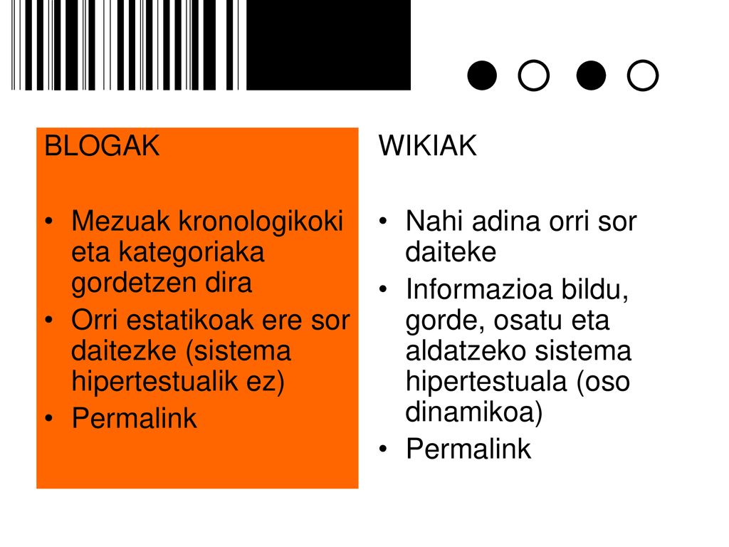 BLOGAK Mezuak kronologikoki eta kategoriaka gordetzen dira. Orri estatikoak ere sor daitezke (sistema hipertestualik ez)