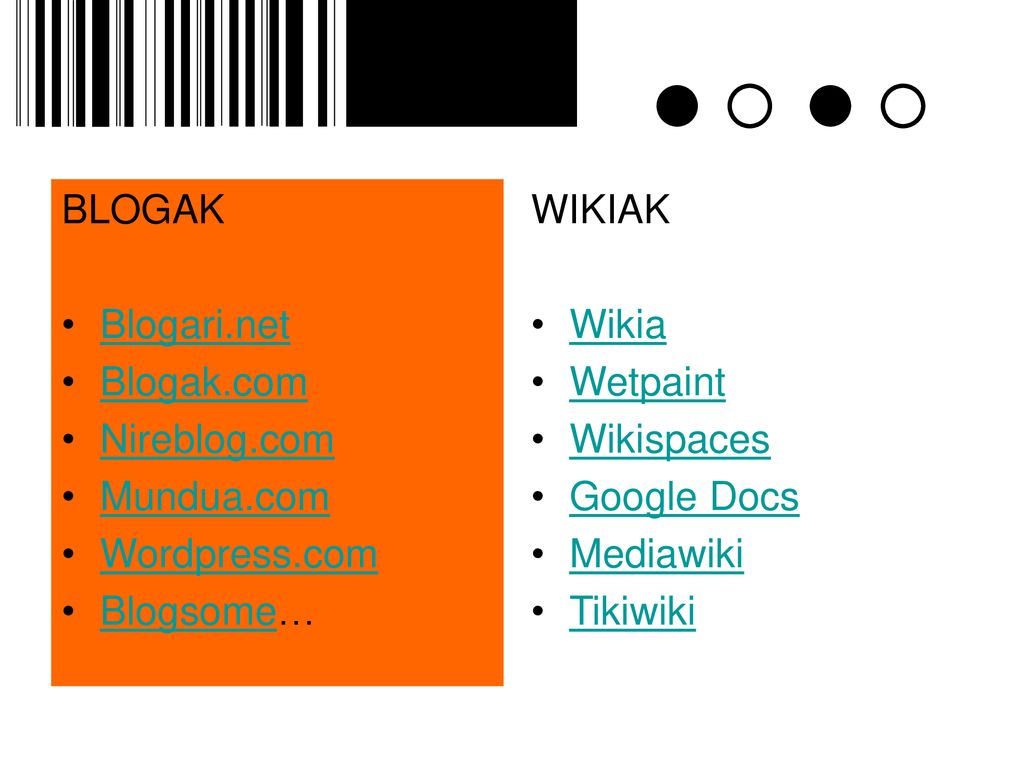 BLOGAK Blogari.net. Blogak.com. Nireblog.com. Mundua.com. Wordpress.com. Blogsome… WIKIAK. Wikia.