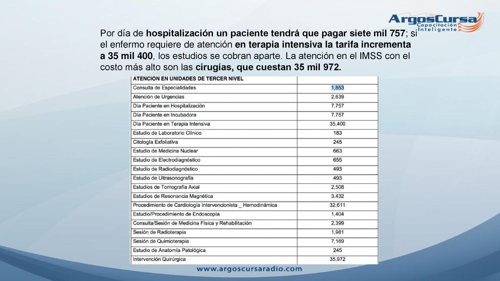Por día de hospitalización un paciente tendrá que pagar siete mil 757; si el enfermo requiere de atención en terapia intensiva la tarifa incrementa a 35 mil 400, los estudios se cobran aparte.