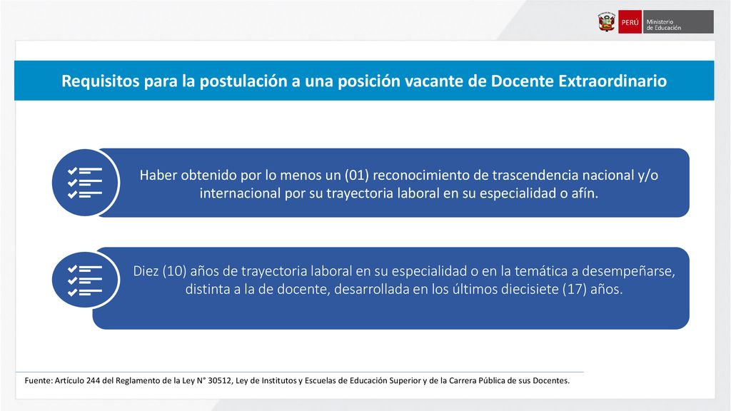 Requisitos para la postulación a una posición vacante de Docente Extraordinario