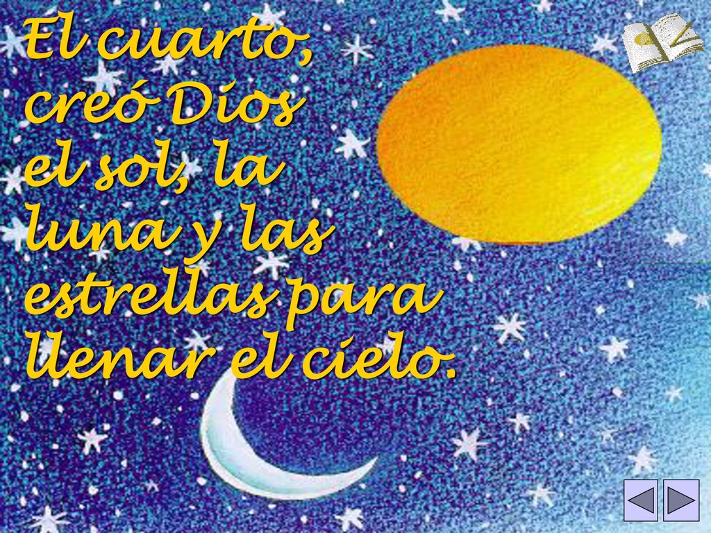 El cuarto, creó Dios el sol, la luna y las estrellas para llenar el cielo.
