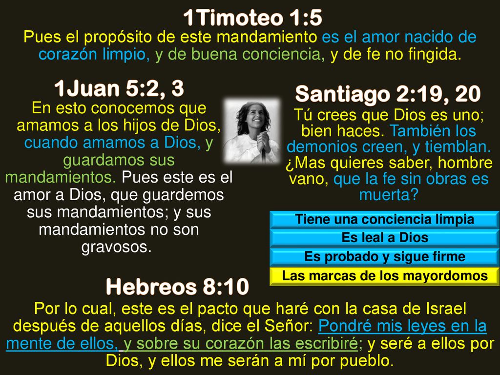 1Timoteo 1:5 1Juan 5:2, 3 Santiago 2:19, 20 Hebreos 8:10