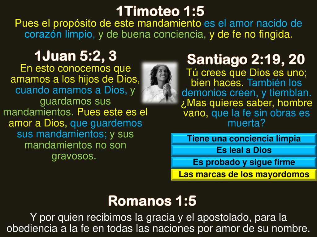1Timoteo 1:5 1Juan 5:2, 3 Santiago 2:19, 20 Romanos 1:5