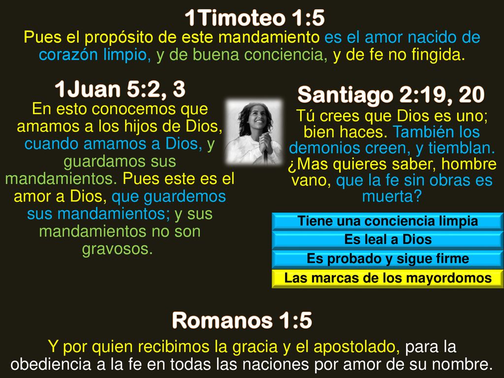 1Timoteo 1:5 1Juan 5:2, 3 Santiago 2:19, 20 Romanos 1:5