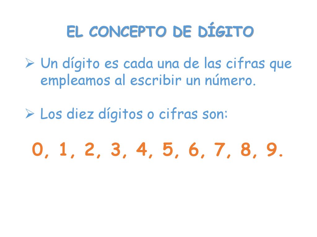 EL CONCEPTO DE DÍGITO Un dígito es cada una de las cifras que empleamos al escribir un número. Los diez dígitos o cifras son: