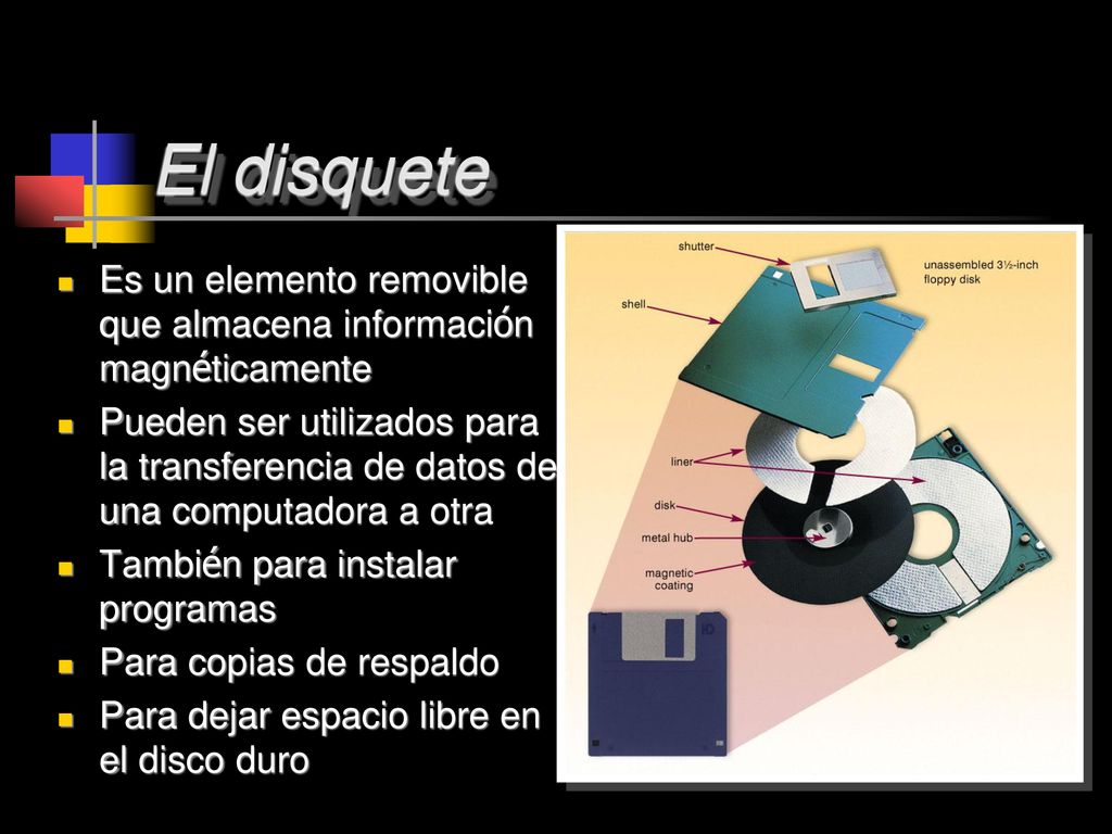 El disquete Es un elemento removible que almacena información magnéticamente.