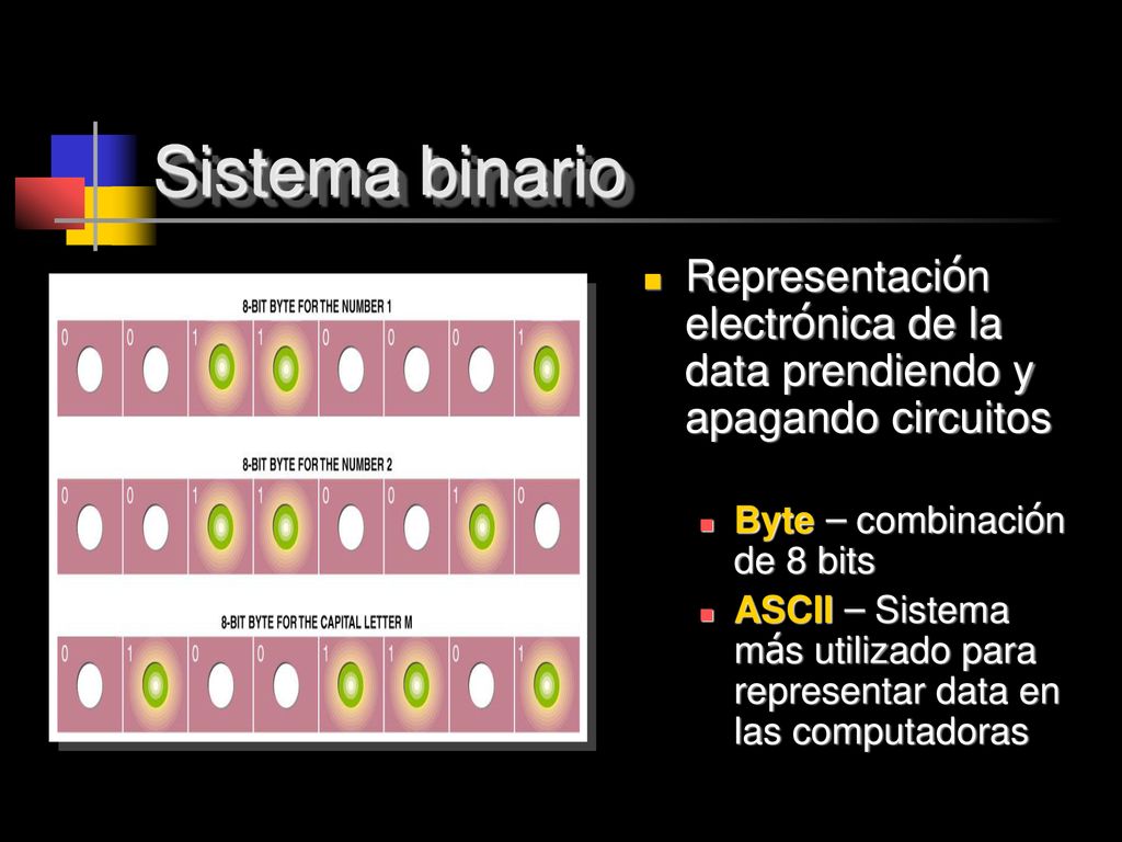 Sistema binario Representación electrónica de la data prendiendo y apagando circuitos. Byte – combinación de 8 bits.