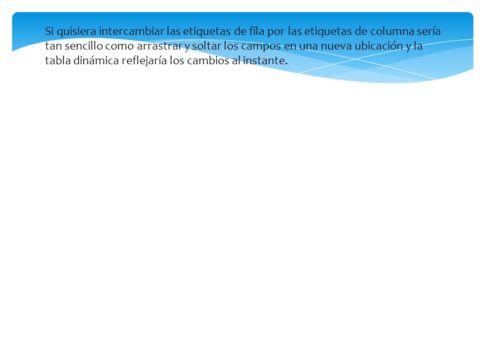 Si quisiera intercambiar las etiquetas de fila por las etiquetas de columna sería tan sencillo como arrastrar y soltar los campos en una nueva ubicación y la tabla dinámica reflejaría los cambios al instante.