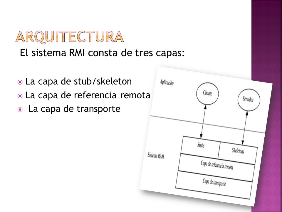 ARQUITECTURA El sistema RMI consta de tres capas: