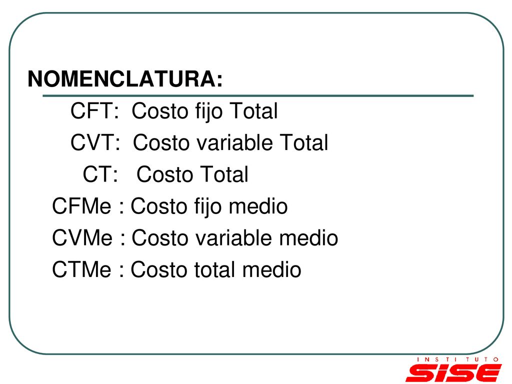 NOMENCLATURA: CFT: Costo fijo Total. CVT: Costo variable Total. CT: Costo Total. CFMe : Costo fijo medio.