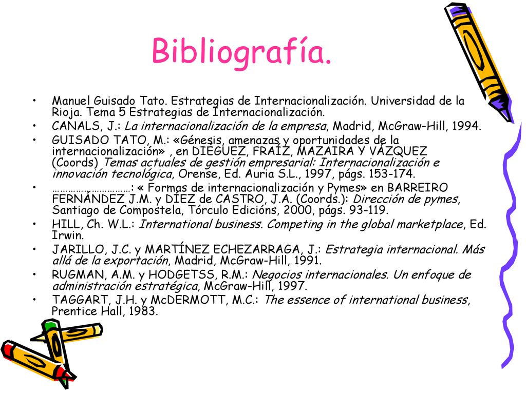 Bibliografía. Manuel Guisado Tato. Estrategias de Internacionalización. Universidad de la Rioja. Tema 5 Estrategias de Internacionalización.