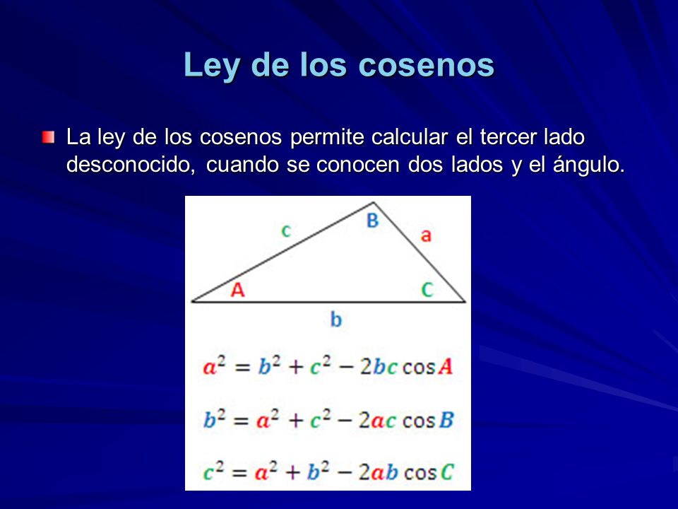 Ley de los cosenos La ley de los cosenos permite calcular el tercer lado desconocido, cuando se conocen dos lados y el ángulo.