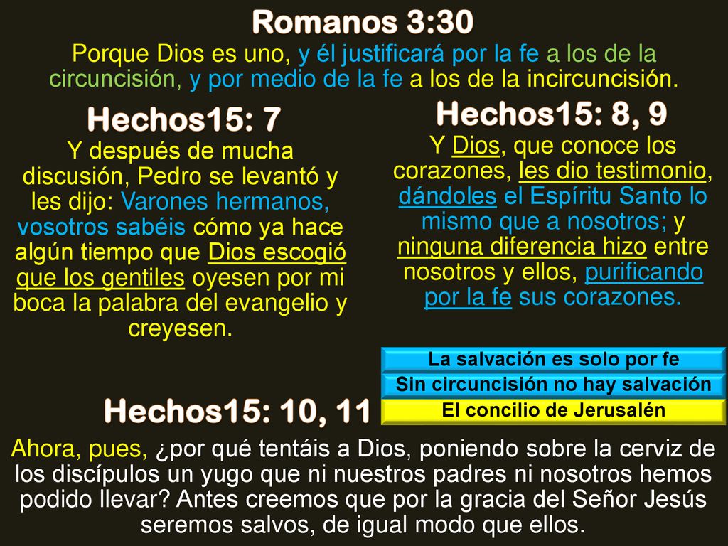 Romanos 3:30 Hechos15: 8, 9 Hechos15: 7 Hechos15: 10, 11