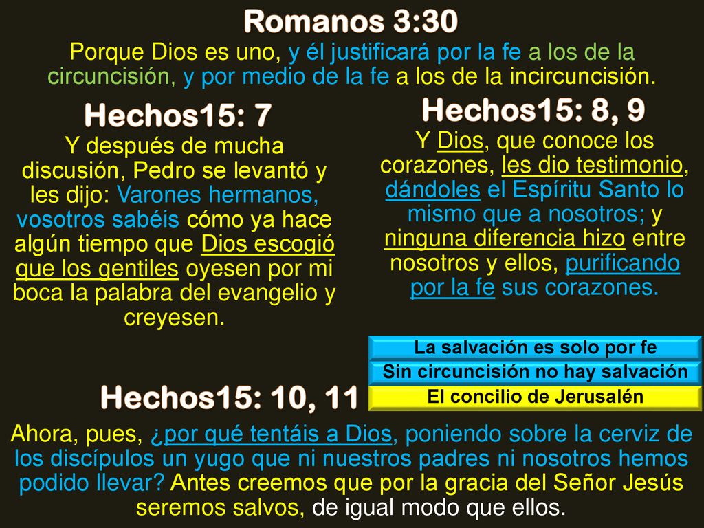 Romanos 3:30 Hechos15: 8, 9 Hechos15: 7 Hechos15: 10, 11