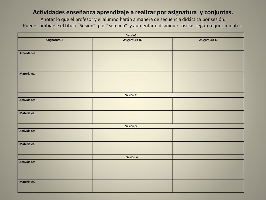 Actividades enseñanza aprendizaje a realizar por asignatura y conjuntas. Anotar lo que el profesor y el alumno harán a manera de secuencia didáctica por sesión. Puede cambiarse el título Sesión por Semana y aumentar o disminuir casillas según requerimientos.