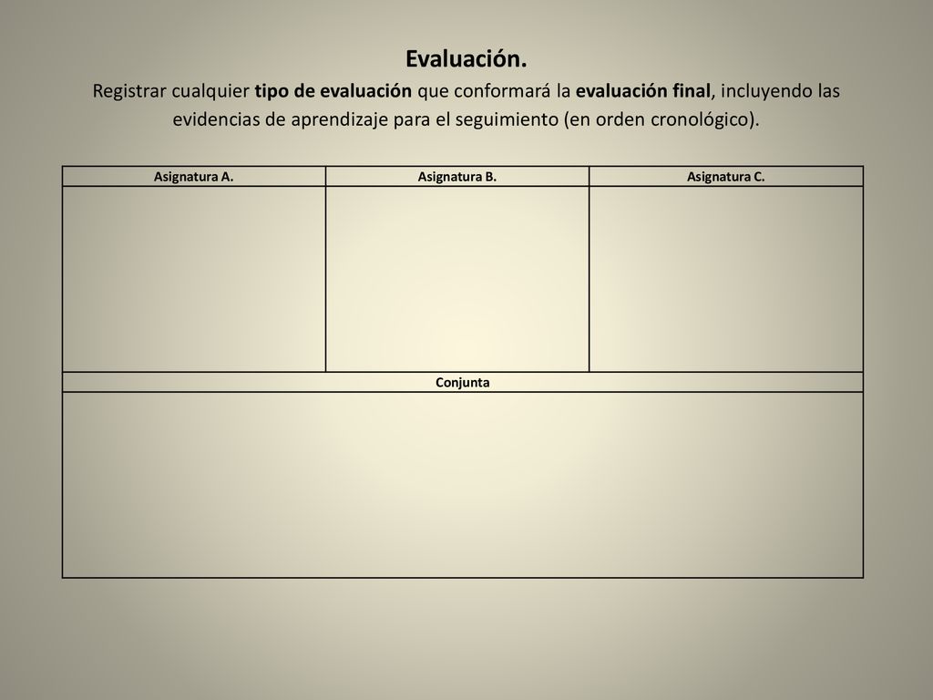 Evaluación. Registrar cualquier tipo de evaluación que conformará la evaluación final, incluyendo las evidencias de aprendizaje para el seguimiento (en orden cronológico).