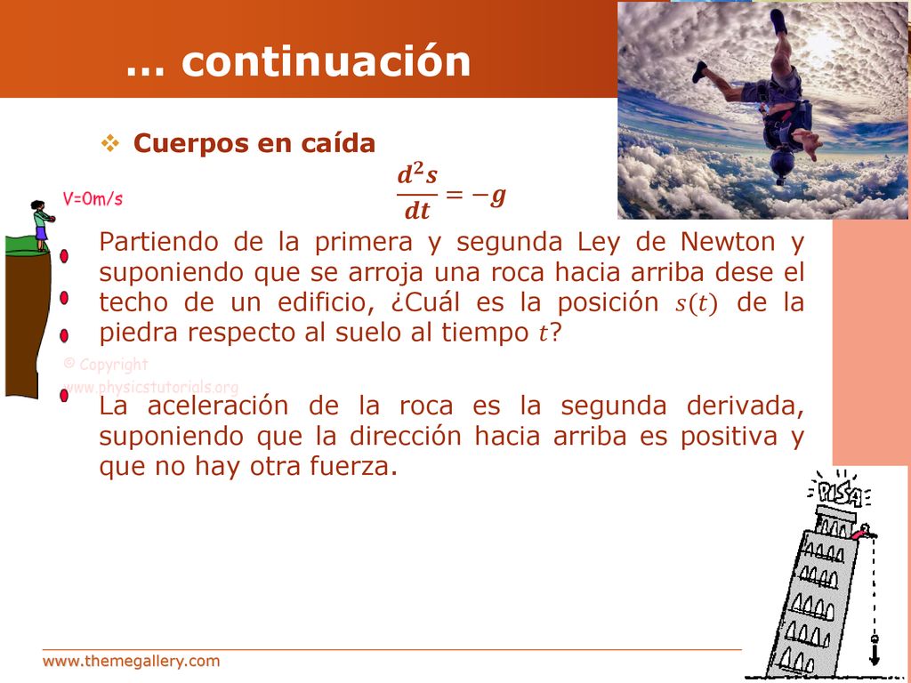 … continuación Cuerpos en caída 𝒅 𝟐 𝒔 𝒅𝒕 =−𝒈