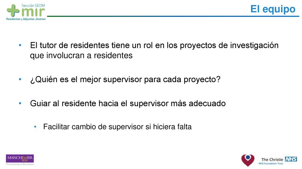 El equipo El tutor de residentes tiene un rol en los proyectos de investigación que involucran a residentes.