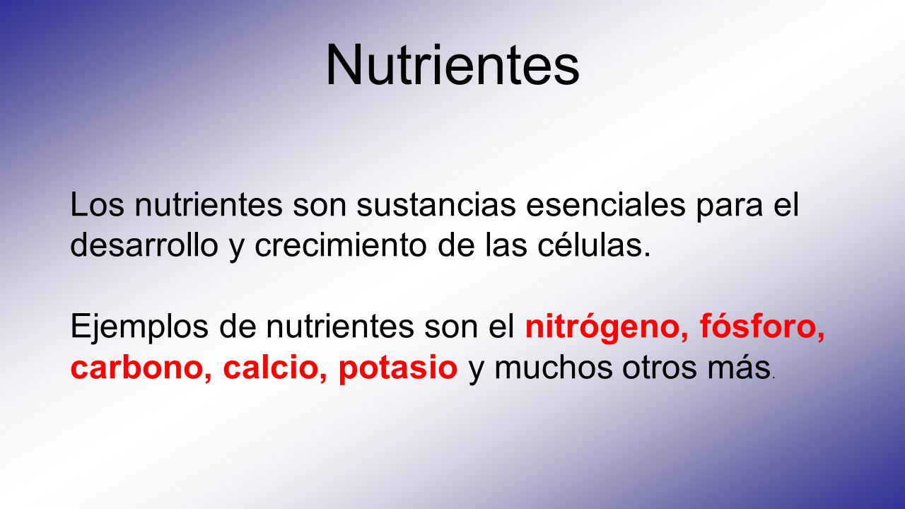 Nutrientes Los nutrientes son sustancias esenciales para el desarrollo y crecimiento de las células.